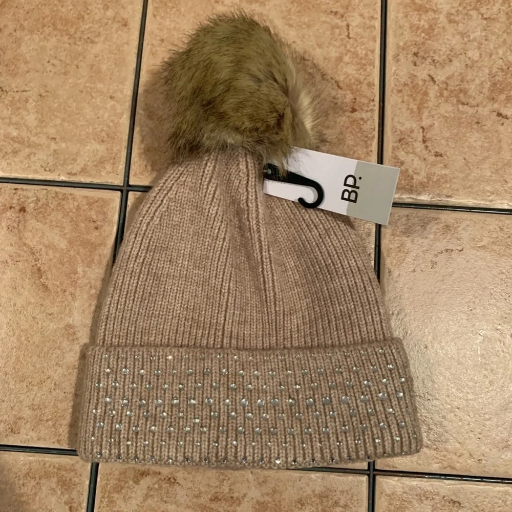 BP Embellished Knit Beanie with Faux Fur Pom Pom in Oatmeal One Size NWT